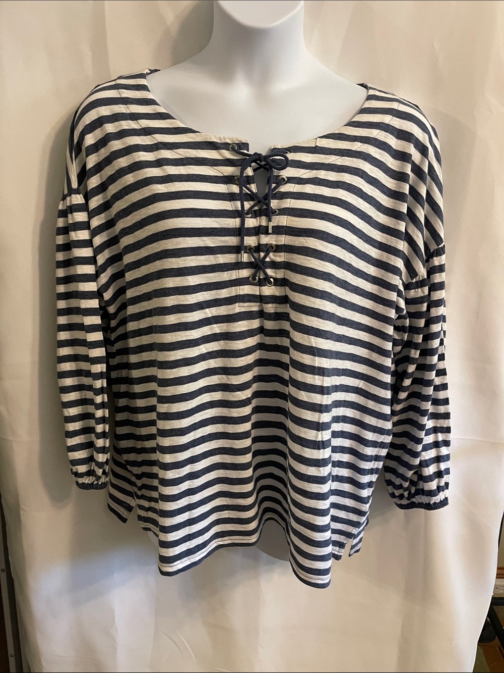 Chaps Navy and White Striped Lace-Up Long Sleeve Top XXL